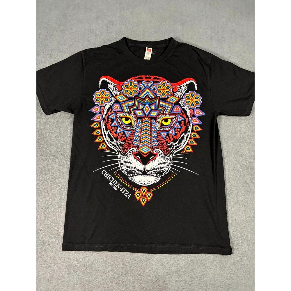 Comfort T Shirt Mens M Black Jaguar‎ Huichol Chichen Itza Messico Graphic Cotton